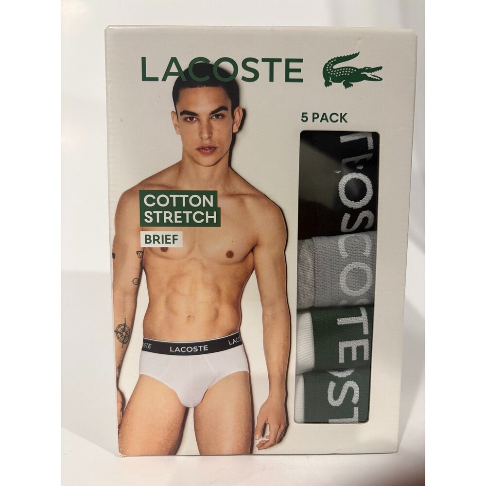 Lacoste Mens Cotton Stretch Briefs 5 Pack Black Gray White XL New Underwear